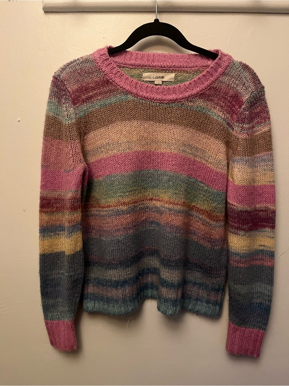LOFT Pink-Trim Multicolor Striped Crewneck Sweater